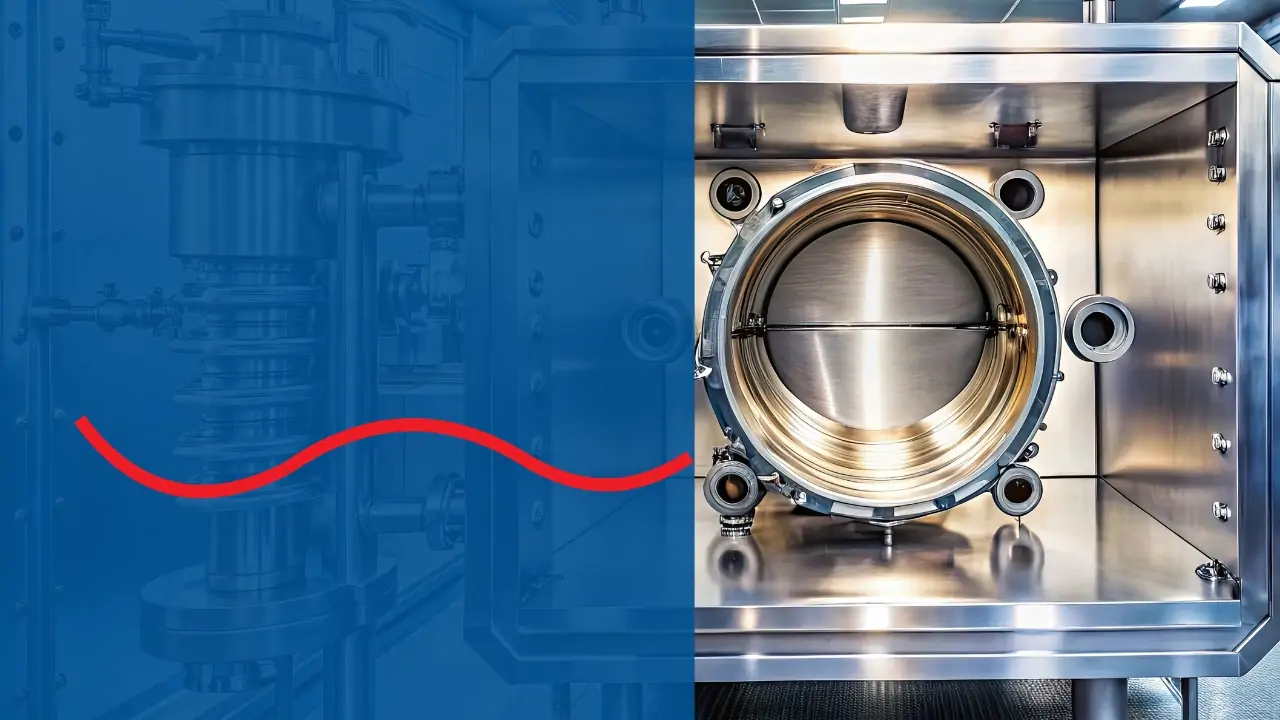 A shiny metal vacuum coating machine with a blue box and wavy red line overlaid on top
