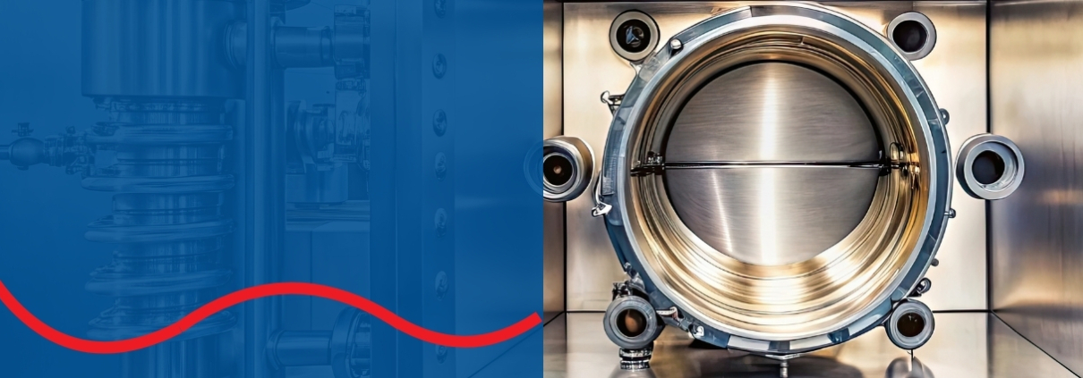 A shiny metal vacuum coating machine with a blue box and wavy red line overlaid on top